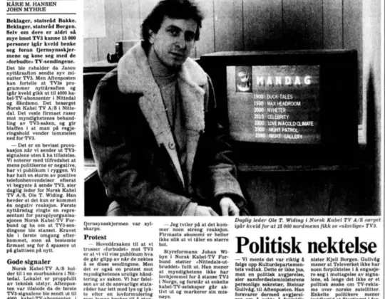 Utklipp av en avisartikkel fra Aftenposten 5.januar 1988 som omhandler at Nokab var først ute med TV3 i Norge.